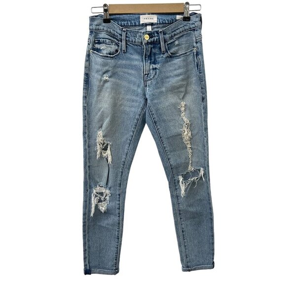Frame Le Garcon with Rips in Beldon Jeans Distressed Light Wash Women 24 - Picture 3 of 13